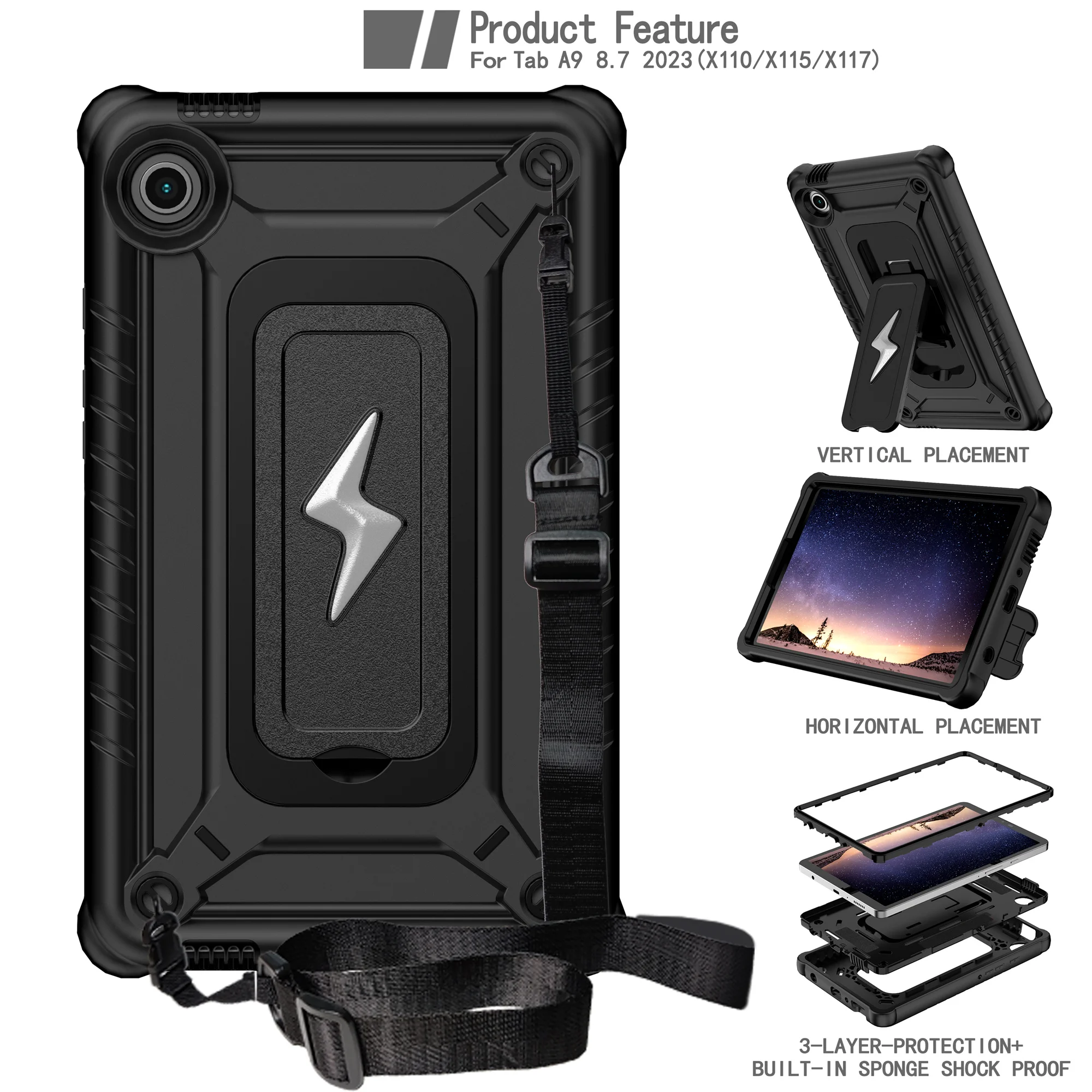 For Samsung Galaxy Tab A9 Case Kickstand PC + Silicone Tablet Cover with Shoulder Strap - Black
