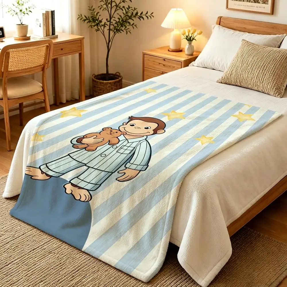 Cute Monkey in Pajamas Holding a Teddy Bear Wall Tapestry,Blue Striped Star Pattern,Nursery Room Decor