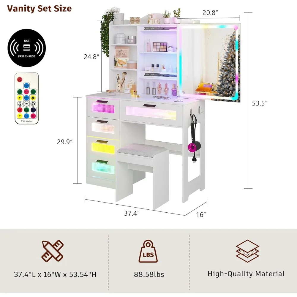 Vanity Desk with Mirror and RGB LED Lights, Charging Station and Stool & Sliding Touch Mirror, Girls Vanity Set with 5 Drawers