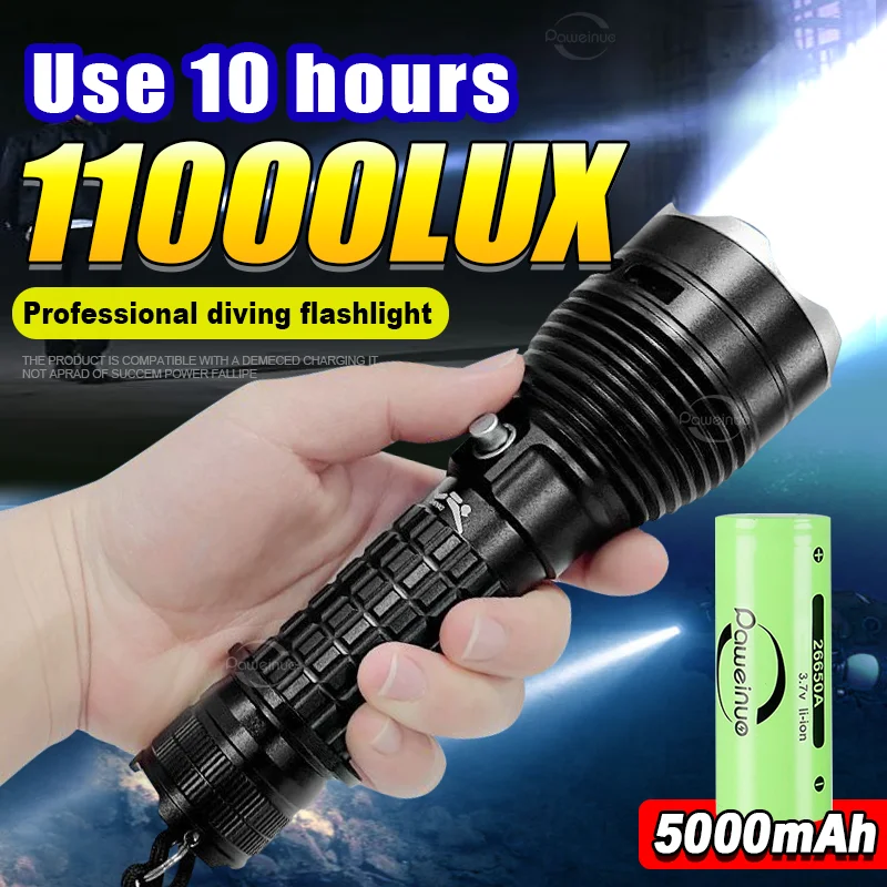 

New High Power LED Diving Flashlight XHP70.2 Professional Underwater Lantern 18650 Battery IPX8 Waterproof Torch With Hand Rope