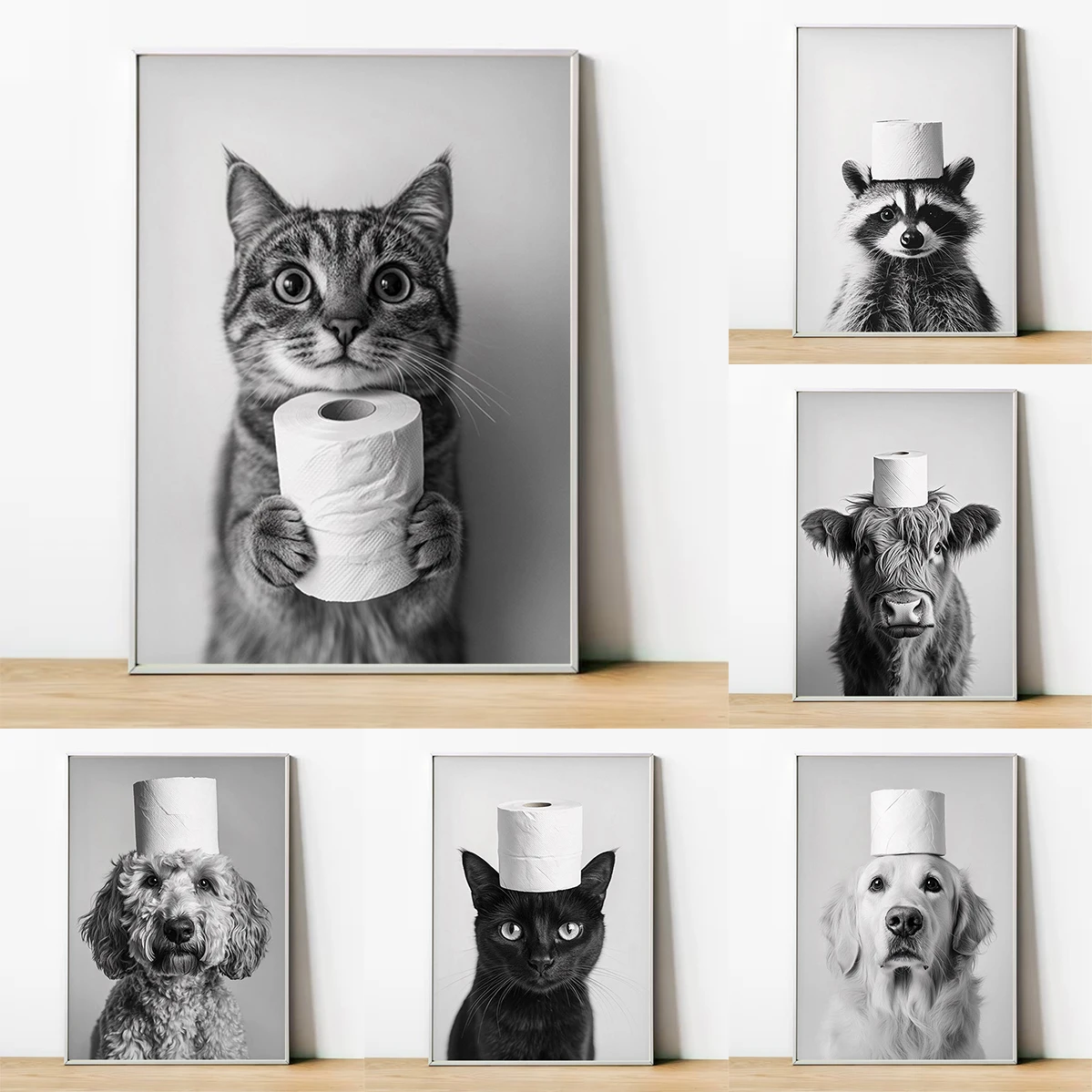 

Highland Cow Otter Cat Raccoon with Toilet Paper Poster Print Canvas Painting Bathroom Wall Art Funny Toilet Humor Home Decor