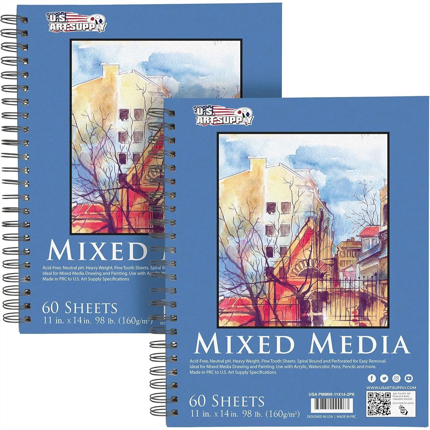 

11x14 Mixed Media Sketchbook 2 Pack, 60 Sheets Each, 98lb 160GSM Spiral Bound Pad with Perforated Acid-Free Paper for Drawing