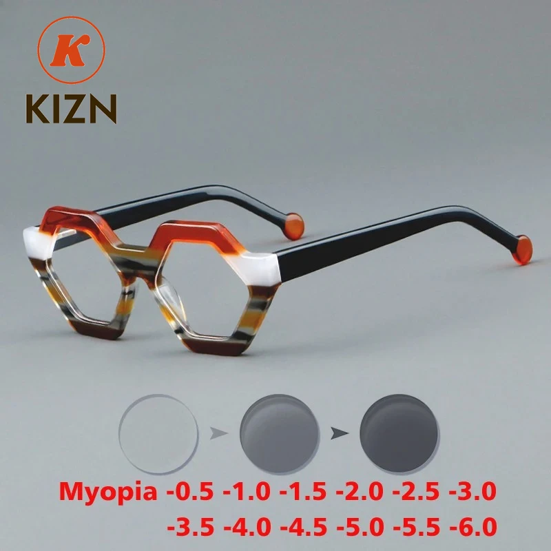 

KIZN Retro Acetate Myopia Hexagon Anti-blue Discolor Glasses Frame Women Men Prescription Eyeglasses Custom Eyewear -0.50 to-6.0