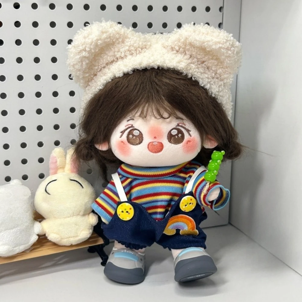 

3PCS 1SET 20cm Plush Doll Clothes Outfit Hat Rainbow T-shirt Overalls Dress Up Doll Accessories Sitting Party Birthday Gift Toys