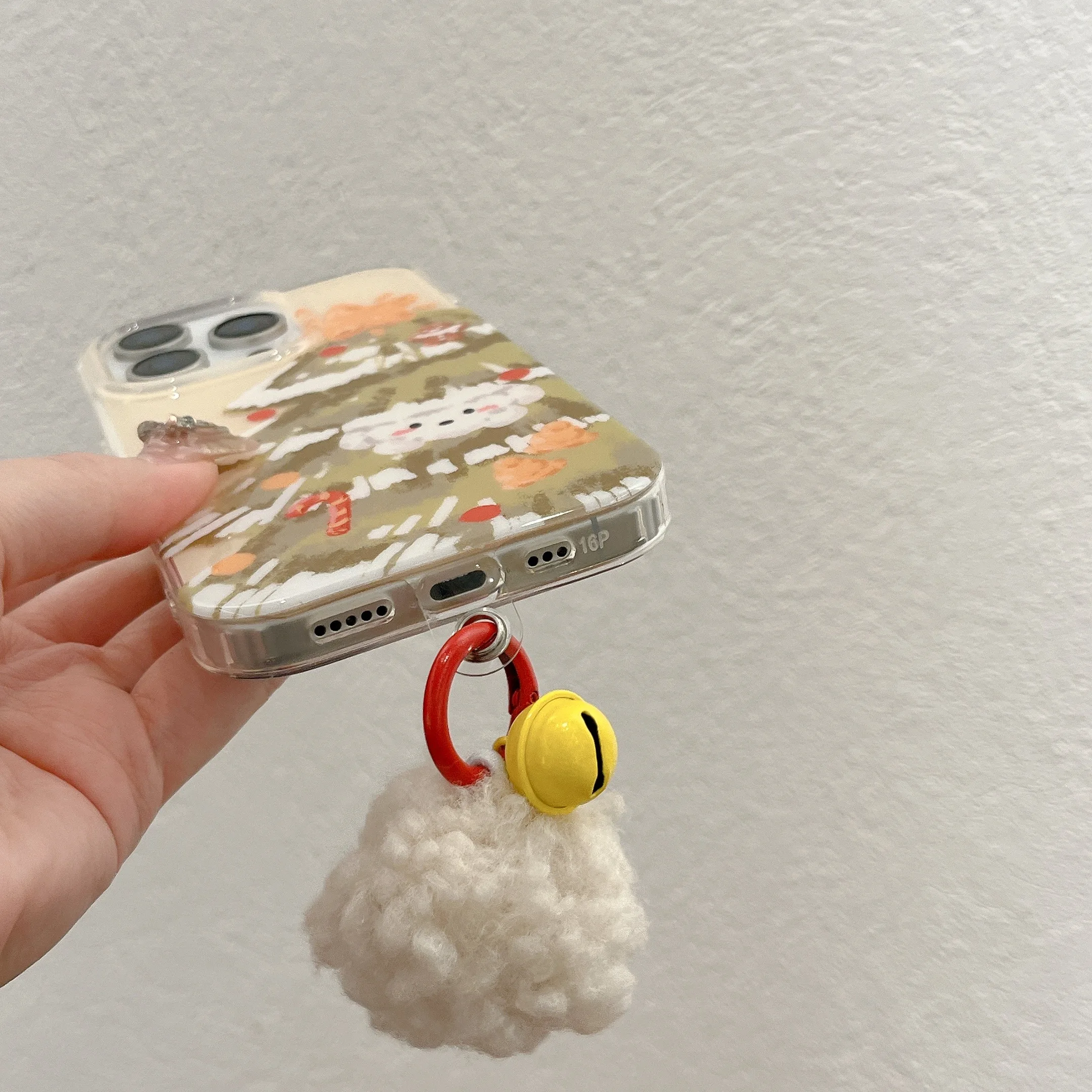Casing HP iPhone 17 16 15 14 13 Pro Max dengan Gantungan Lonceng Pom-pom Bulu Anjing Natal