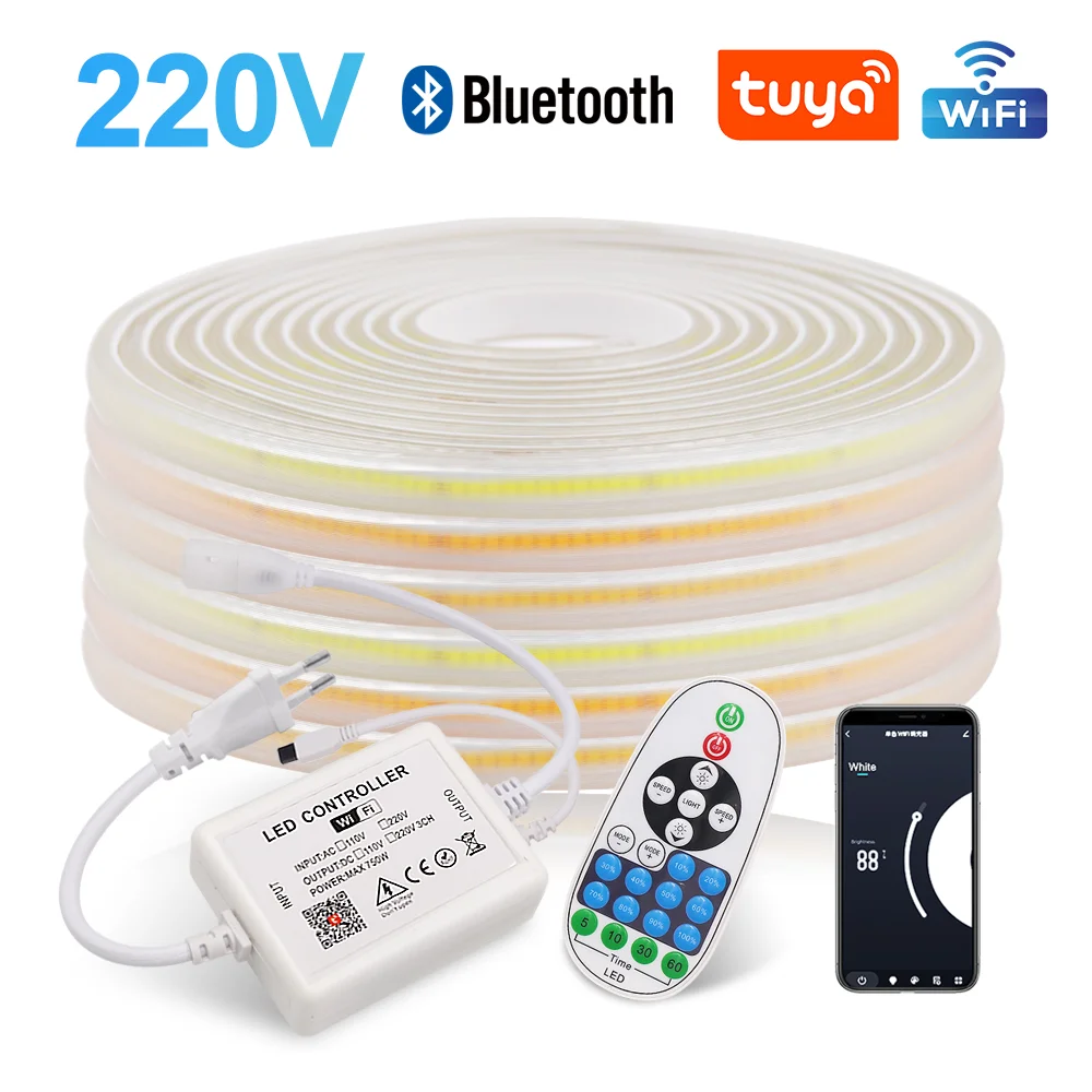 

Dimmable 220V COB Led Strip Tuya WIFI Bluetooth APP Control Flexible LED Tape Ribbon 288LED/m Super Bright Waterproof FOB Lights