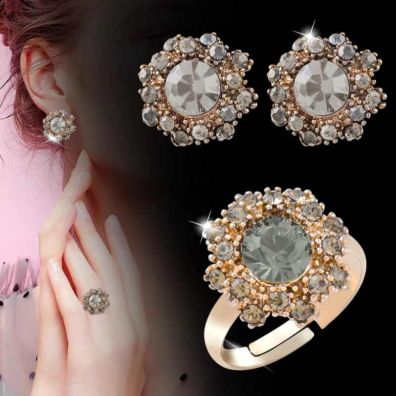 LEEKER Vintage Crystal Flower Ring And Stud Earrings For Women Red Blue Gray Color Stones Wedding Jewelry Sets LK3