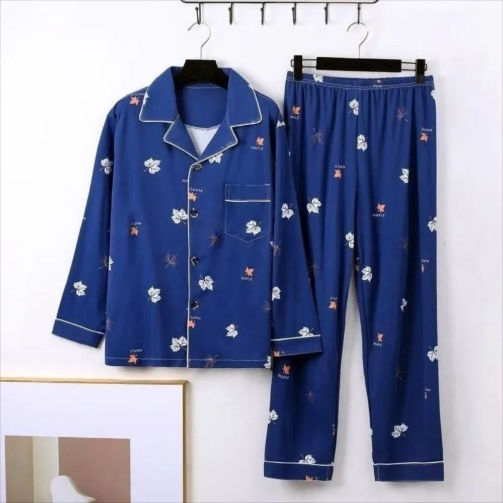 

Повседневный мужской пижамный костюм с длинными рукавами и брюками на пуговицах, парный комплект, дышащая мягкая домашняя одежда