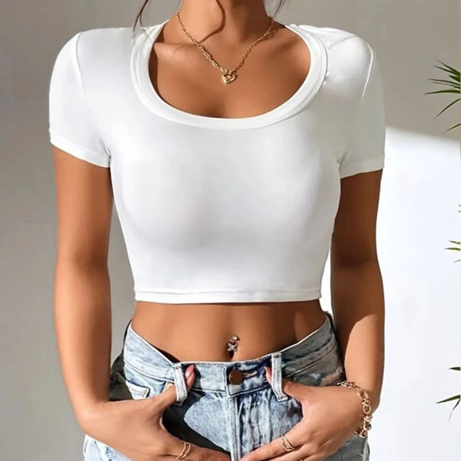 Women Strapless Tank Tops Summer Y2K Tight Fitted Short Sleeve  Scoop Neck Crop Tops T-Shirt Tops Fashion Streetwear Outfits