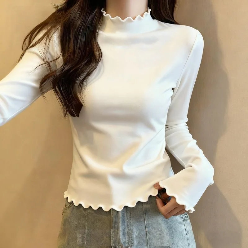 Chic Pure Color German Velvet Base Shirt with Wood Grain  Collar for Women Autumn Winter New Design Sensation Top