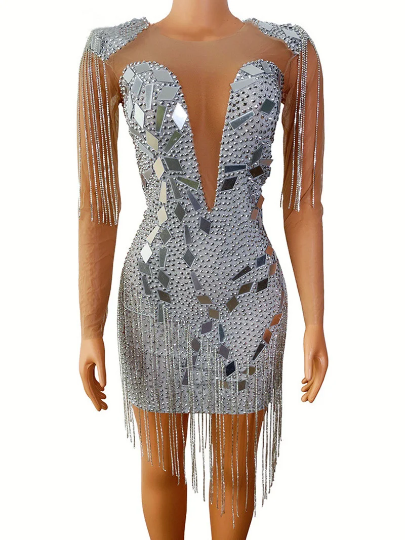 Precioso vestido de cóctel de cristal de manga larga para mujer africana, lujoso vestido de lentejuelas de cristal plateado, vestido de fiesta de cumpleaños 2024