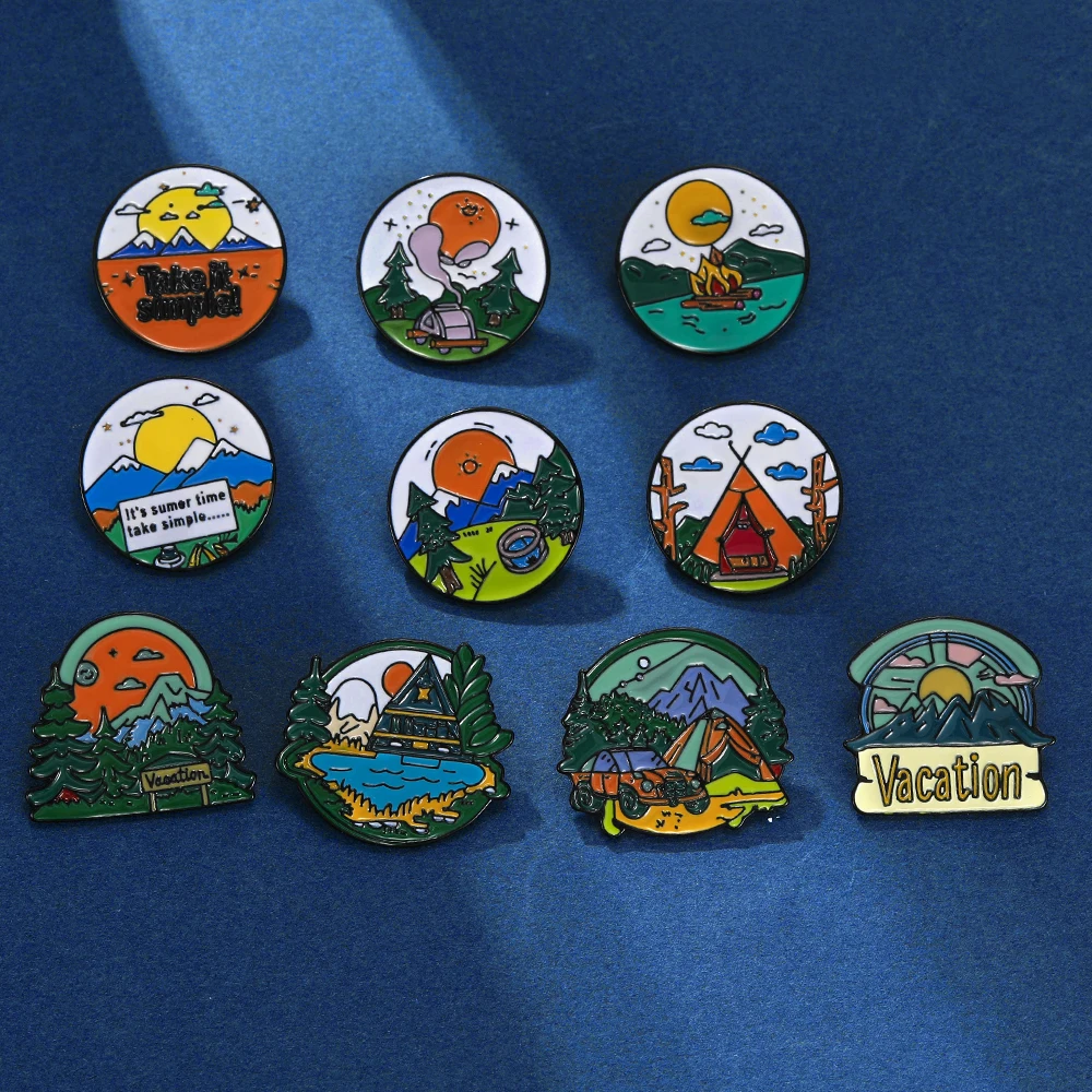 Personality Camping Collection Enamel Brooches Vacation Encamp Tent Round Pins For Backpack Bag Jewelry Decoration