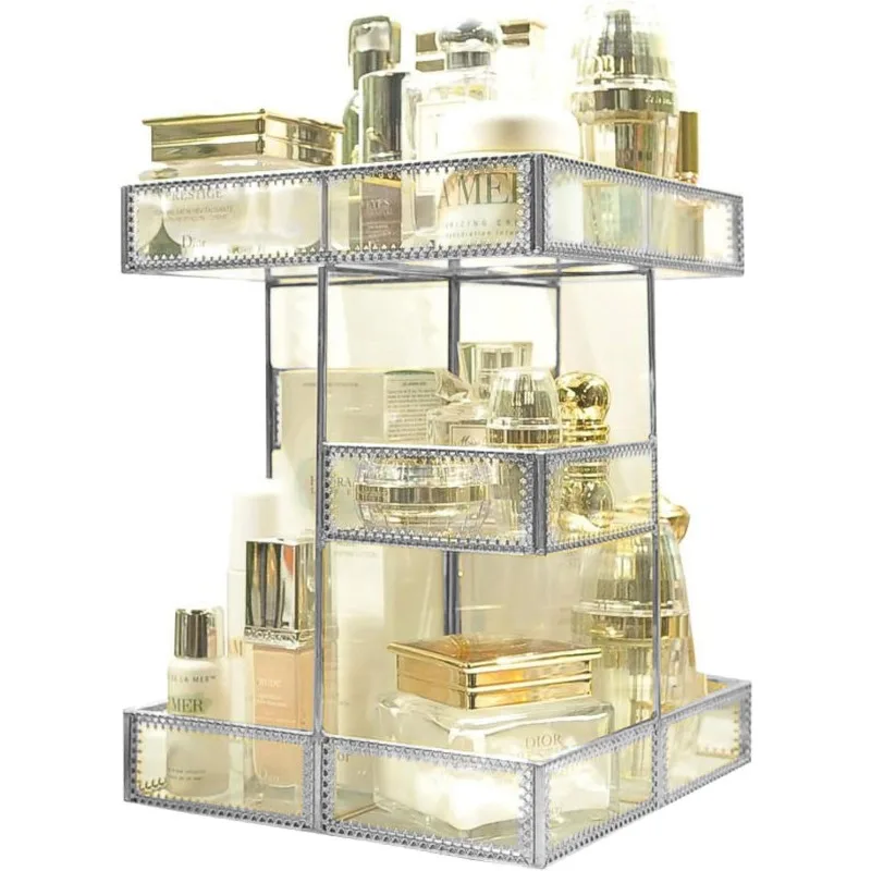 360 Degree Rotation Makeup Organizer Antique Countertop Cosmetic Storage Box Mirror Glass Beauty Display, Gold Spin Large