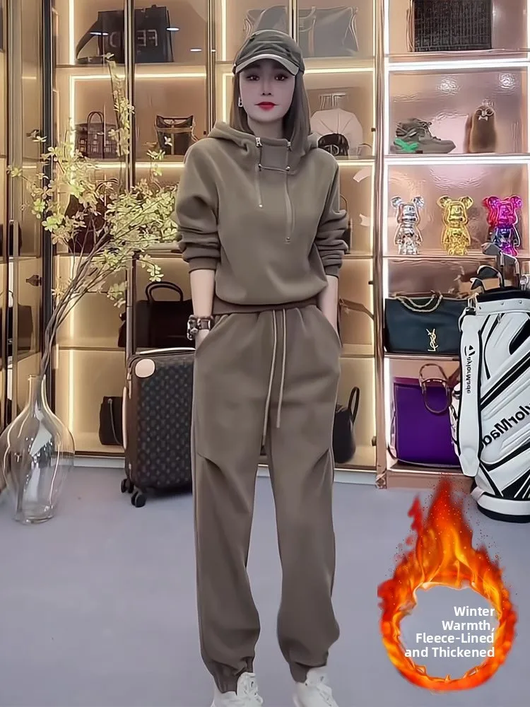 

Premium Feel Casual Loose Thiened Hoodie Two-Piece Set for Women Autumn Winter Color Comfortable Long Sve Hooded