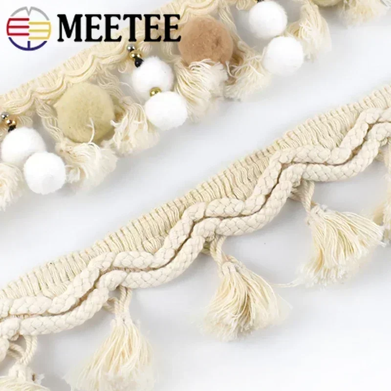 2Yards Meetee Pom Trim Ball Fringe Ribbon Beige White Tassel Lace Knitted Fabric Beaded Handmade Craft Decor Sewing Accessories