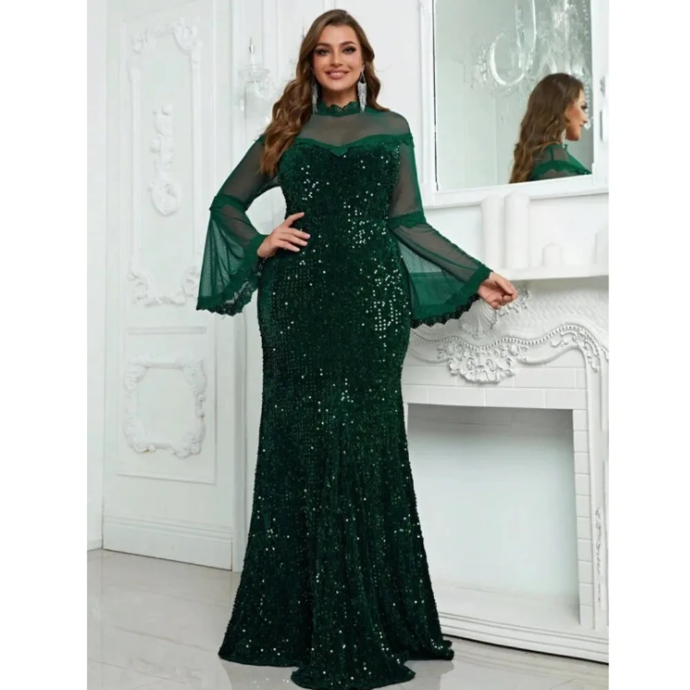 

Women Long Dress Fashion Sequins Mesh Patchwork Long Sleeve Party Dresses Large Size Elegant Ladies Clothes Sexy Young