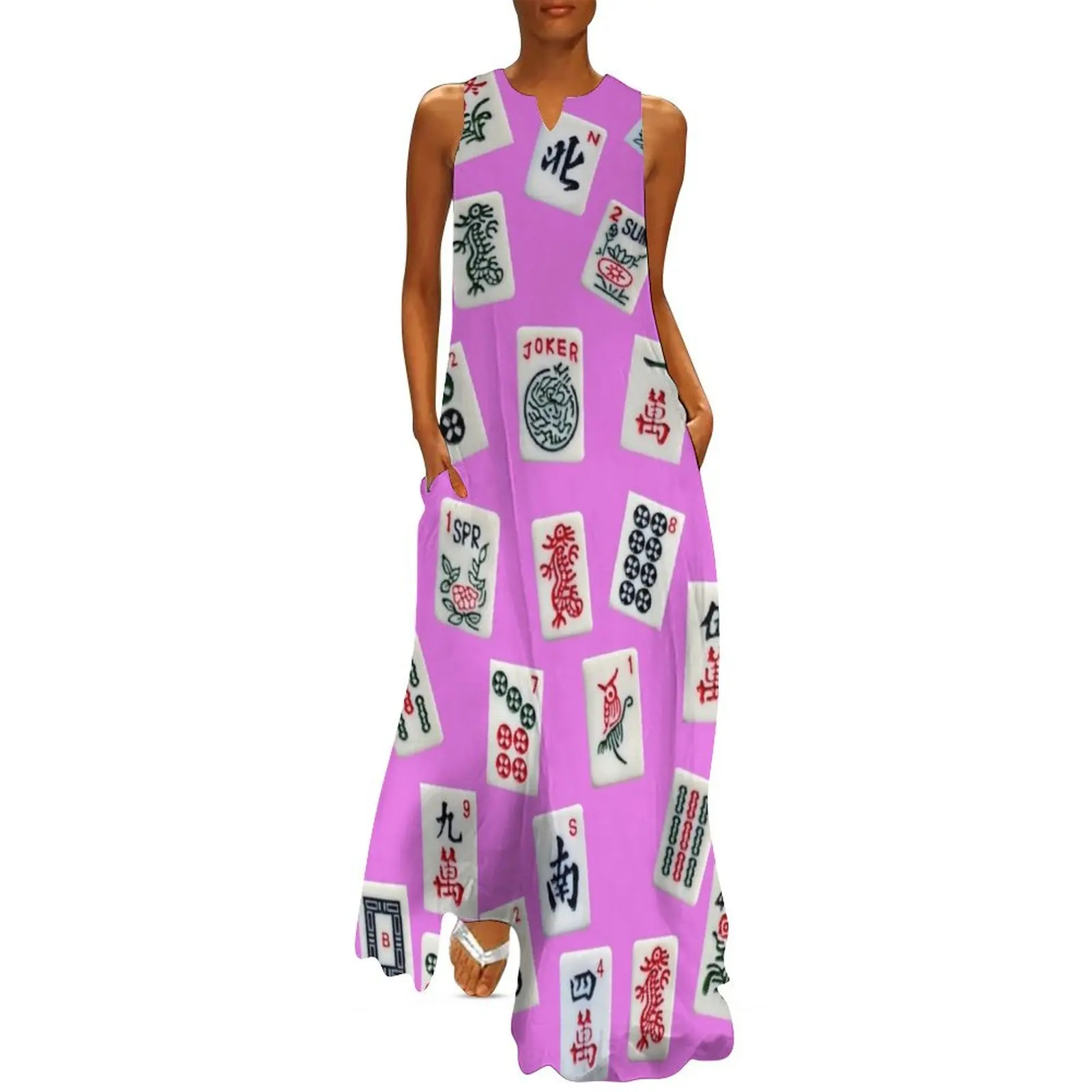 Mahjongg game tiles design on pink color Long Dress Women's dress summer dresses womens 2025 summer outfits for women 2025