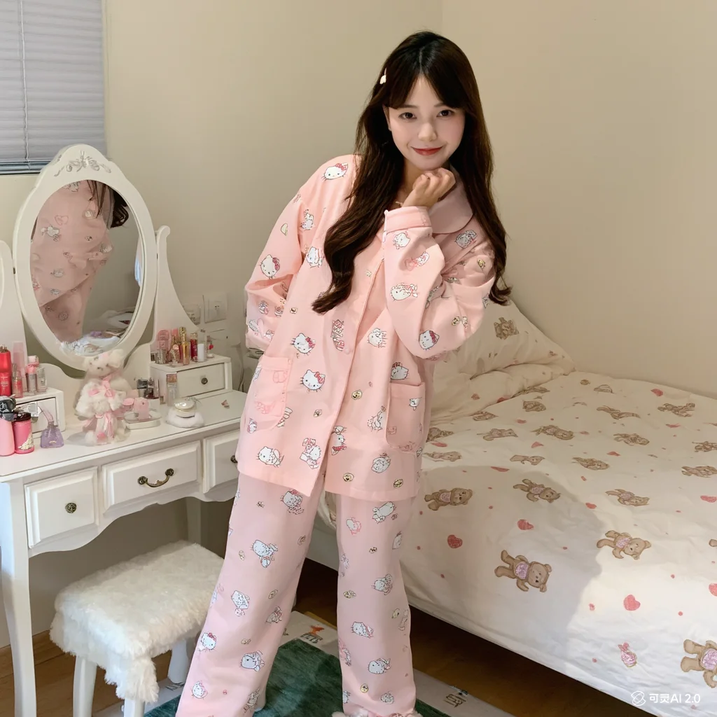 

Свежий милый кавайный стиль Hello Kitty, милая девушка, весна-осень, с длинными рукавами Sanrio, свободный отдых, изысканный домашний сервис, поездка на работу, девушка
