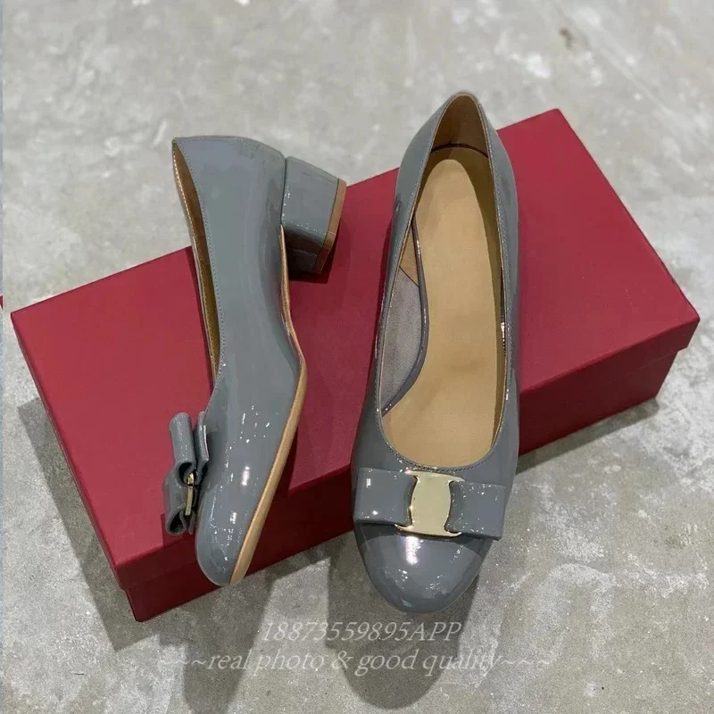 2026 Women's Bow Leather Shiny Leather Block Heels Classic Brand High Quality 100% Handmade Flats