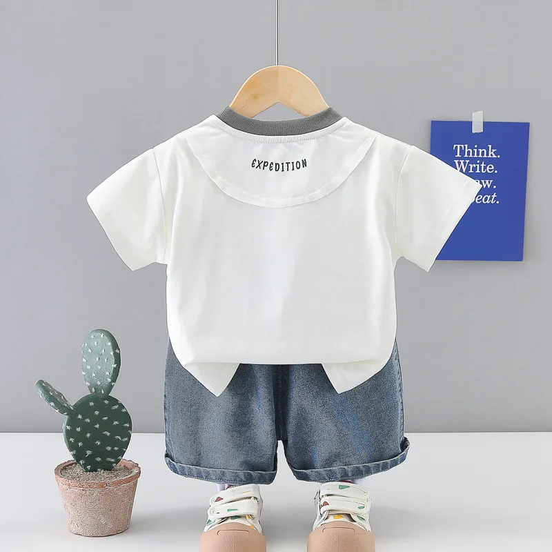 0-5 Years Baby Boy Summer Set 2026 New Toddler Boys Outfits Car Print Short Sleeve T-shirts + Denim Shorts Kids Boutique Clothes