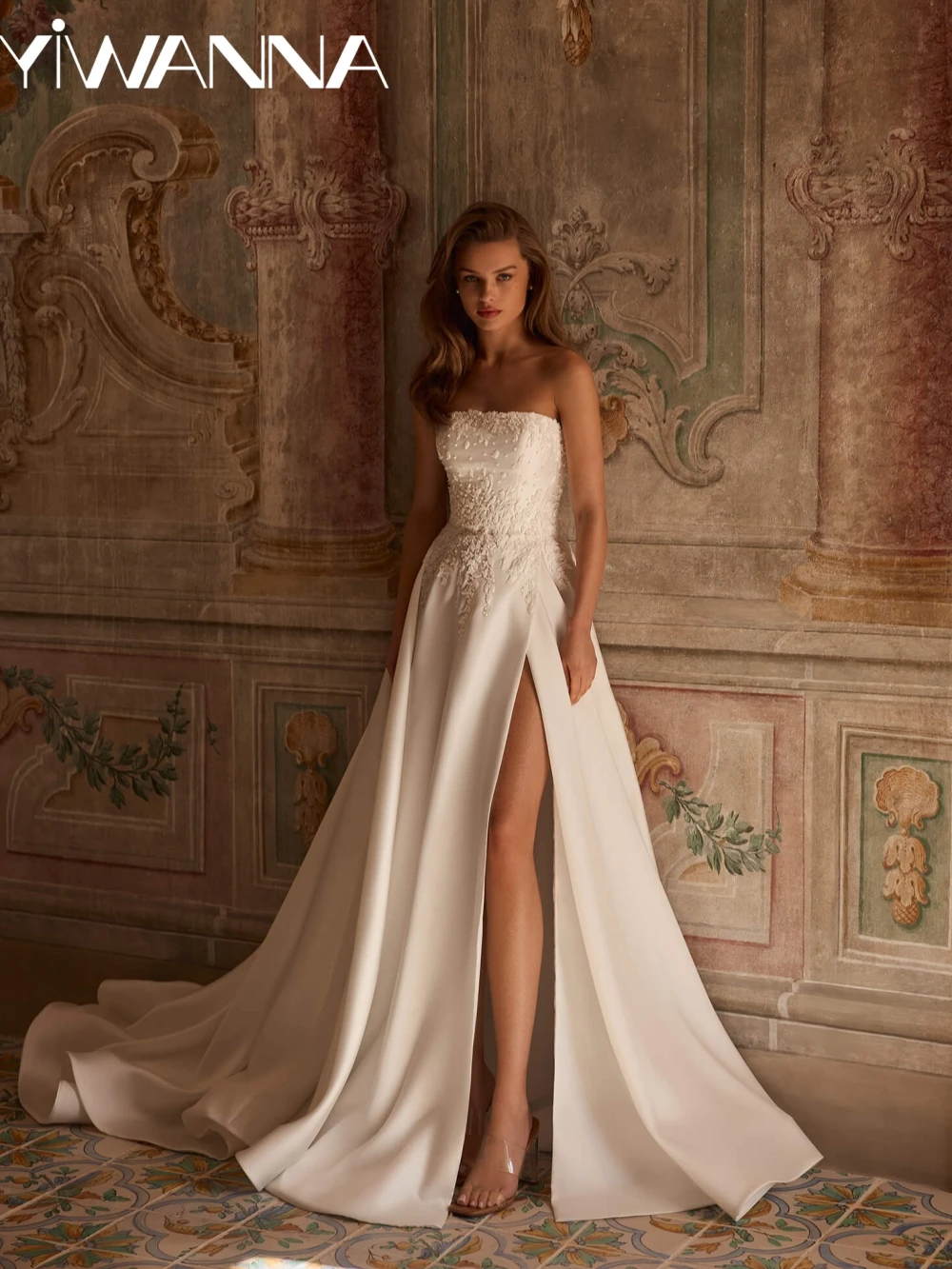 Sparkling Strapless Beaded A-line Long Wedding Dress Sexy High Slit Backless Bridal Gown Customized Graceful Dresses For Bride