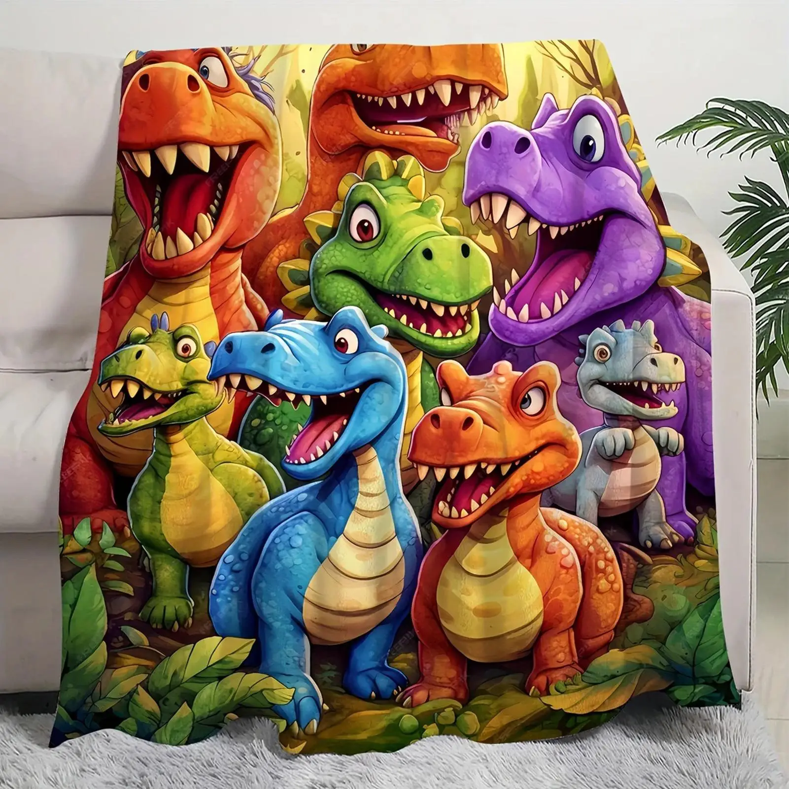 Dinosaur Blanket For Boys Flannel Soft Cute HD Digital Print Decoration Throw Smiling Dino Blanket For Car Trip Bed Living Room