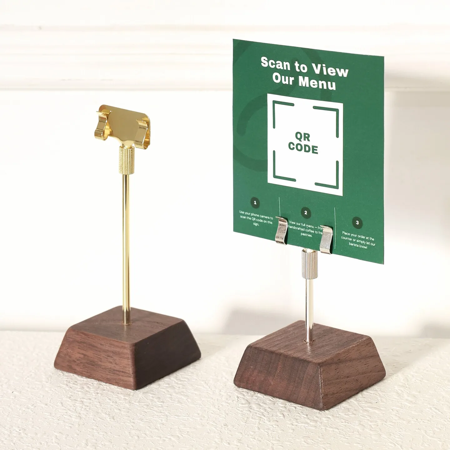 

5 Pieces Wooden Table Number Card Holder Premium Walnut Base Metal Clip Sign Stand Tabletop Price Tag Tabletop Display Stand