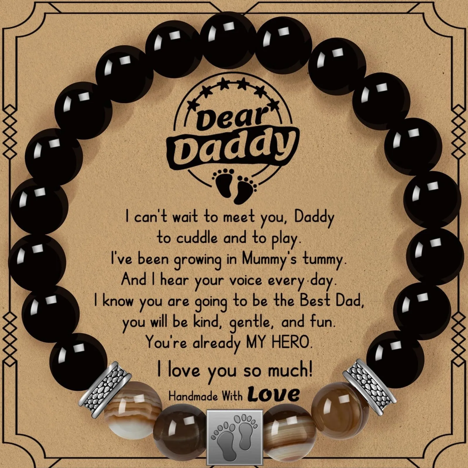Father's Day Gift Men's Obsidian Agate Stainless Steel Square Bead Bracelet, Handmade Beaded Jewelry