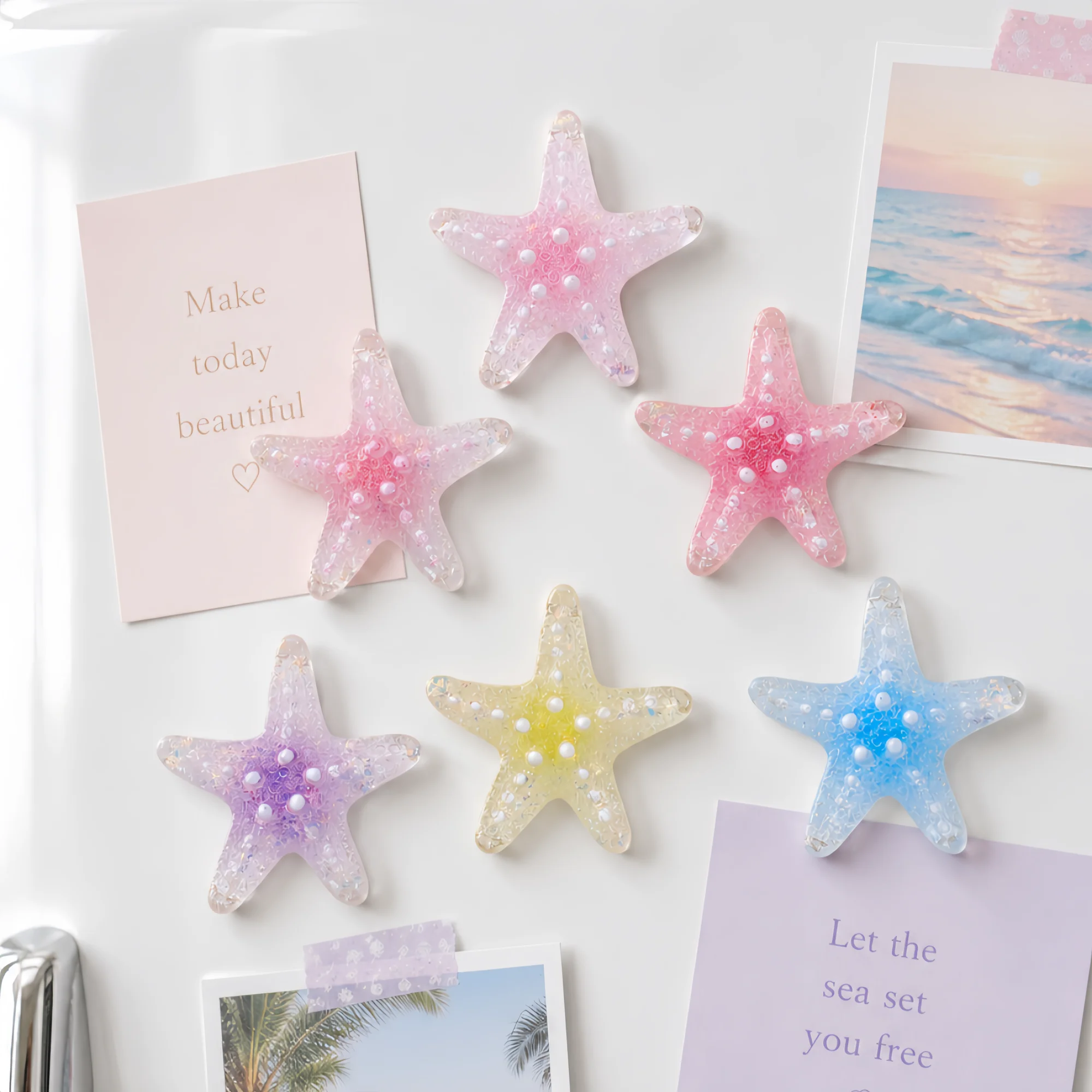 Aimants de réfrigérateur transparents en forme d'étoile de mer avec paillettes et perles, autocollants décoratifs en résine pour réfrigérateur, ornement cadeau