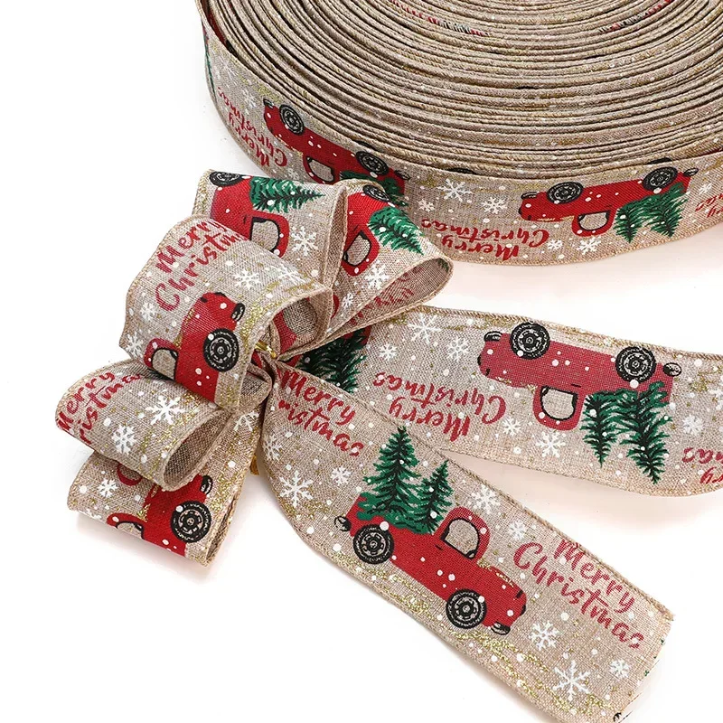 Christmas Wired Ribbons 2m Buffalo Plaid Ribbons Vintage Truck Trees Wired Edge Ribbon for Xmas DIY Wrapping Floral Craft