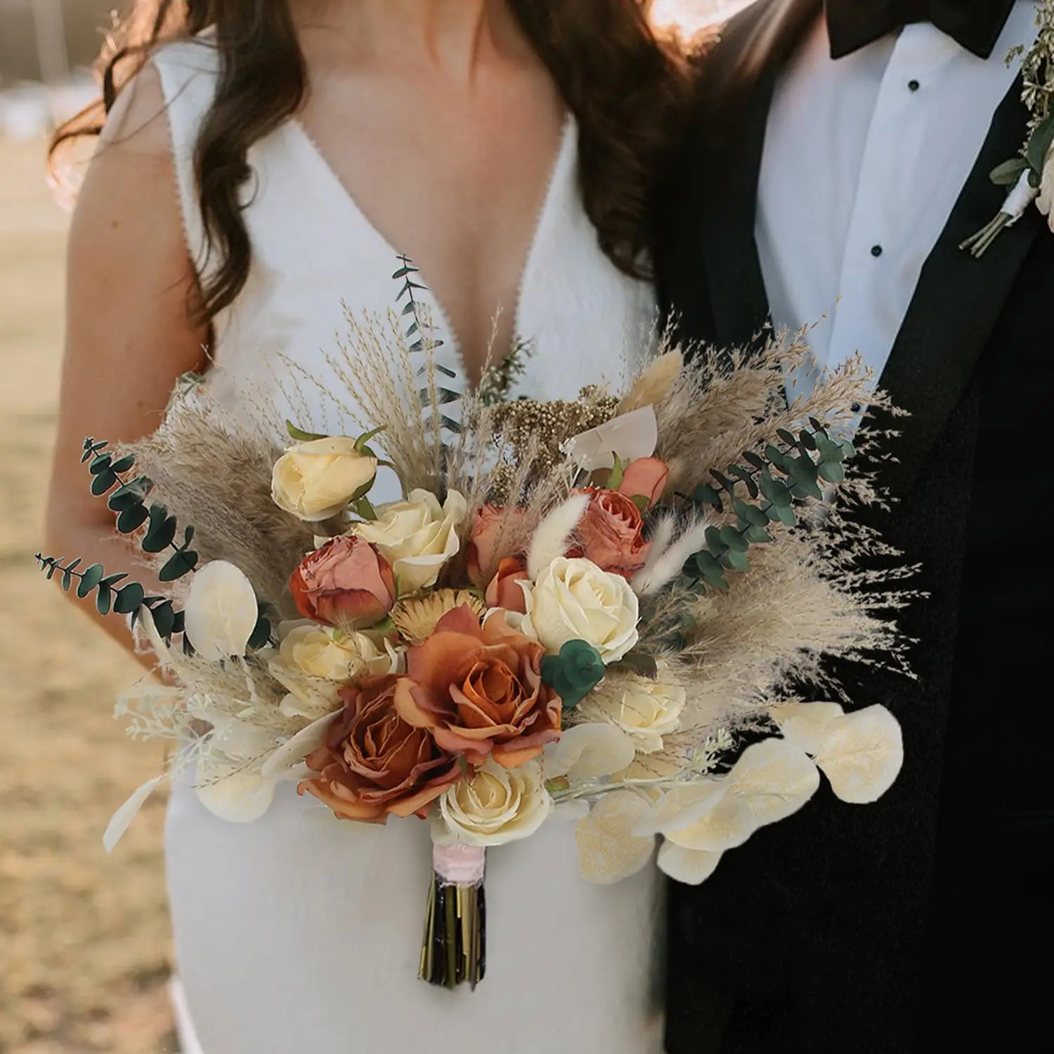 

Fall Wedding Bouquets for Bride Orange Dried Flowers Pampas Fake Rose Bridal Bouquet for Wedding Boho Decorations,Photo Props