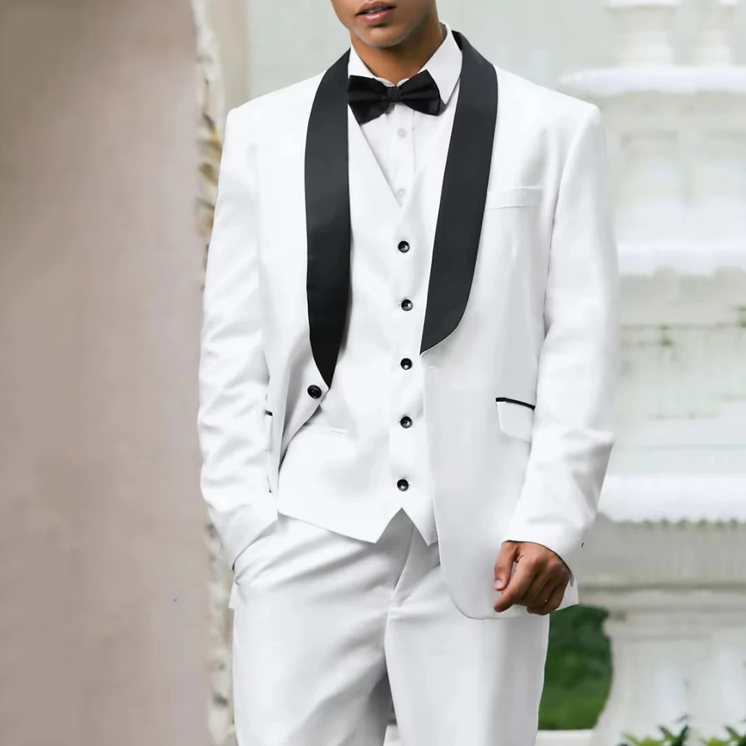 

Men Suit 3 Pieces White With Black Lapel Single Button For Wedding Banquet Birthday Business Official Work Jacket Vest Pants