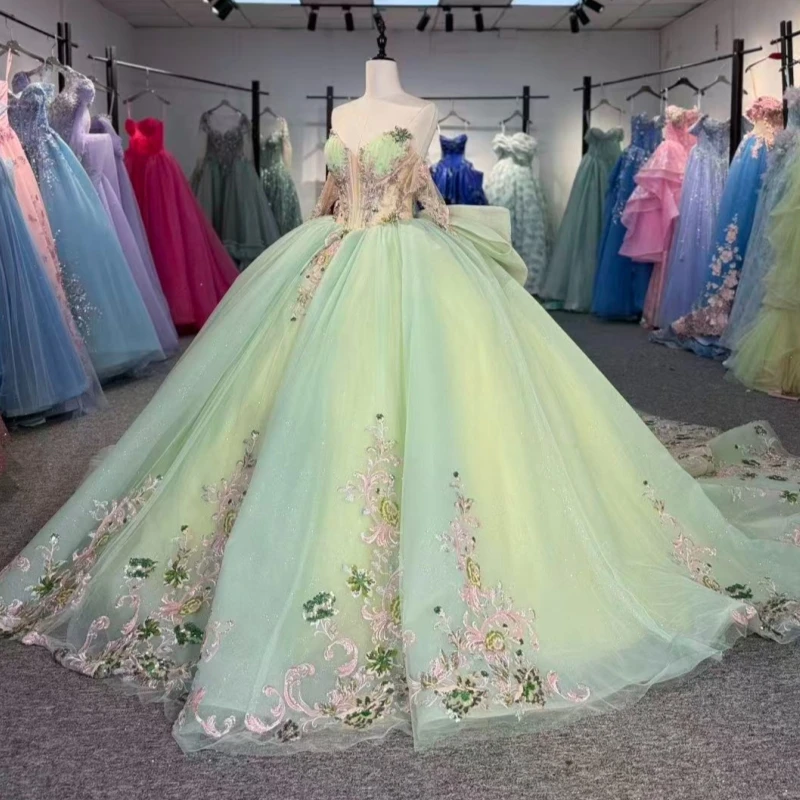 

Light Green Shiny Quinceanera Dresses Off The Shoulder Sequin Applique Lace Beading Crystal Bow Tull Corset Party Birthday Swee