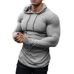 New Fashion Spring Autumn Hooded Sweaters Men Thin Knitted Gym Clothing Slim Fit Pullover Man Classic Ribbed Knit Hoodie Jumper