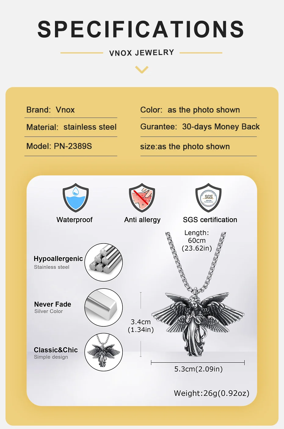 Vnox Edelstahl-Halskette mit sechs Engelsflügeln für Herren, dunkle Gothic-Biker-Kette, silberfarben, Punk-Schmuck, Geschenke – Detail 4