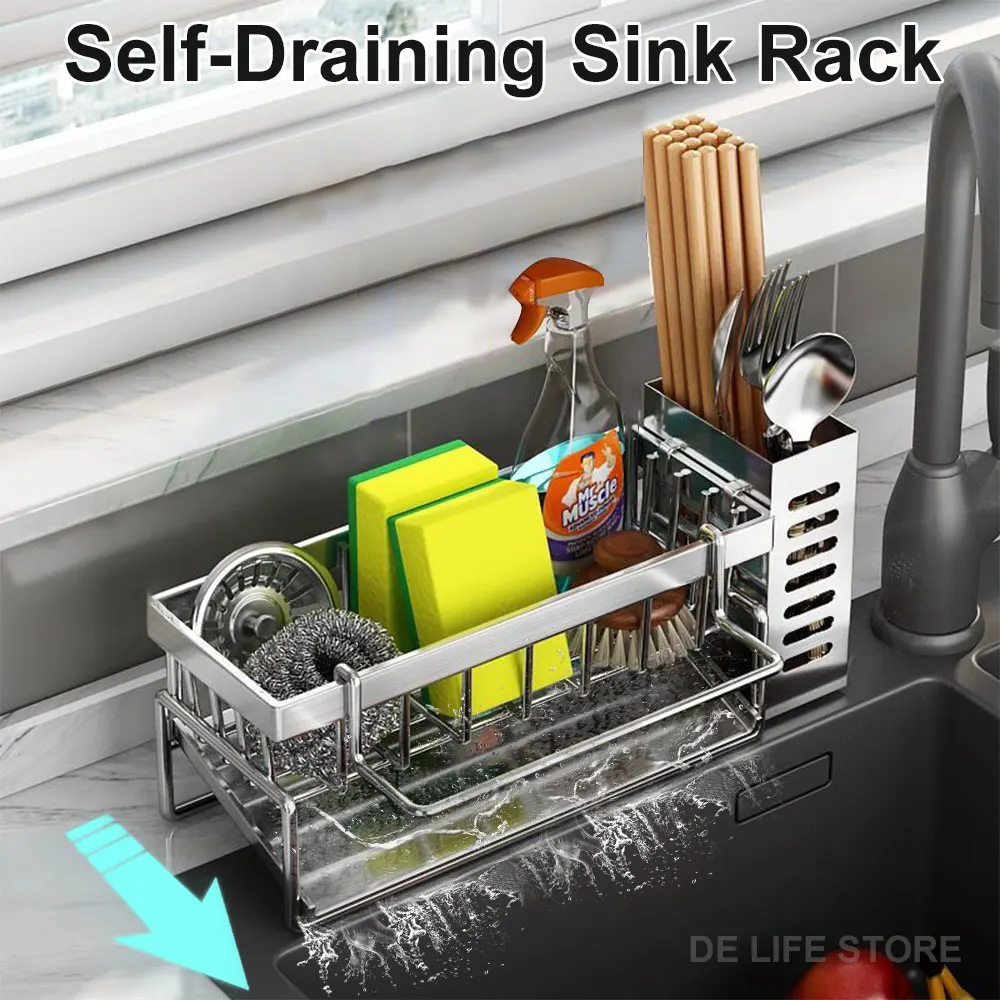 Kitchen Sink Drying Rack Stainless Steel Kitchen Sink Shelf With Cutlery Container Dishwashing Sponge Holder Kitchen Organizer