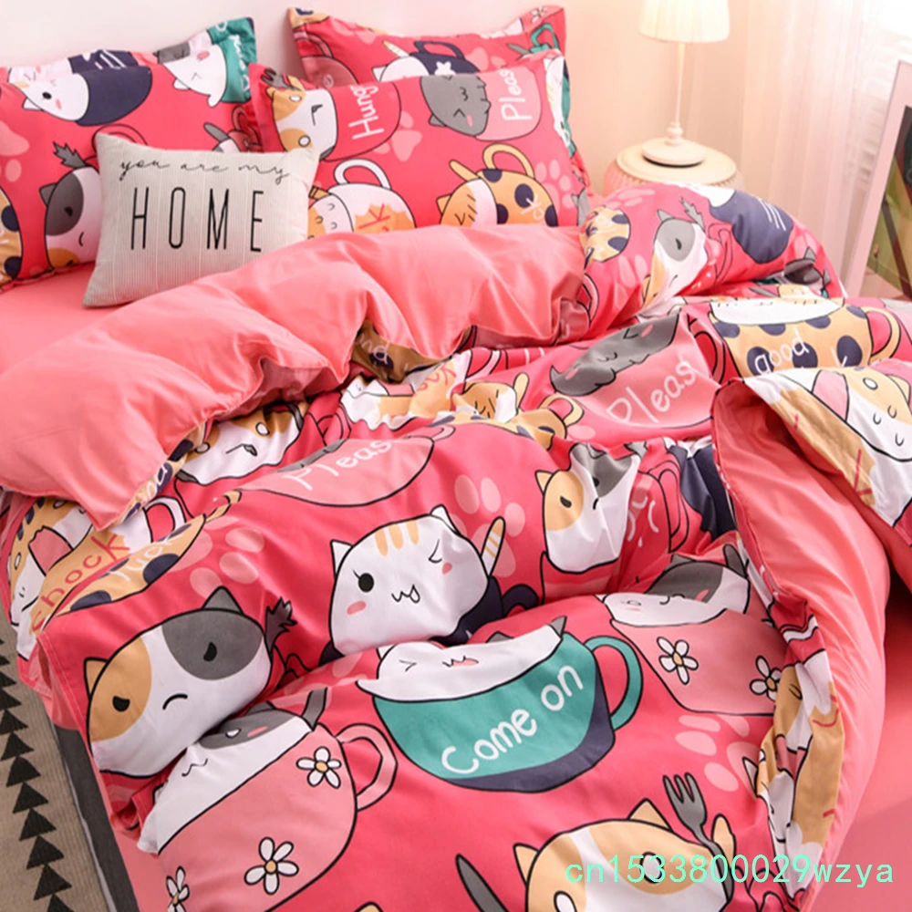 Bedding Sets Red Cute Cat Kitty Duvet Cover Pillow Case Bed Boy Kid Teen Girl Bedding Covers Set King Queen Twin Size