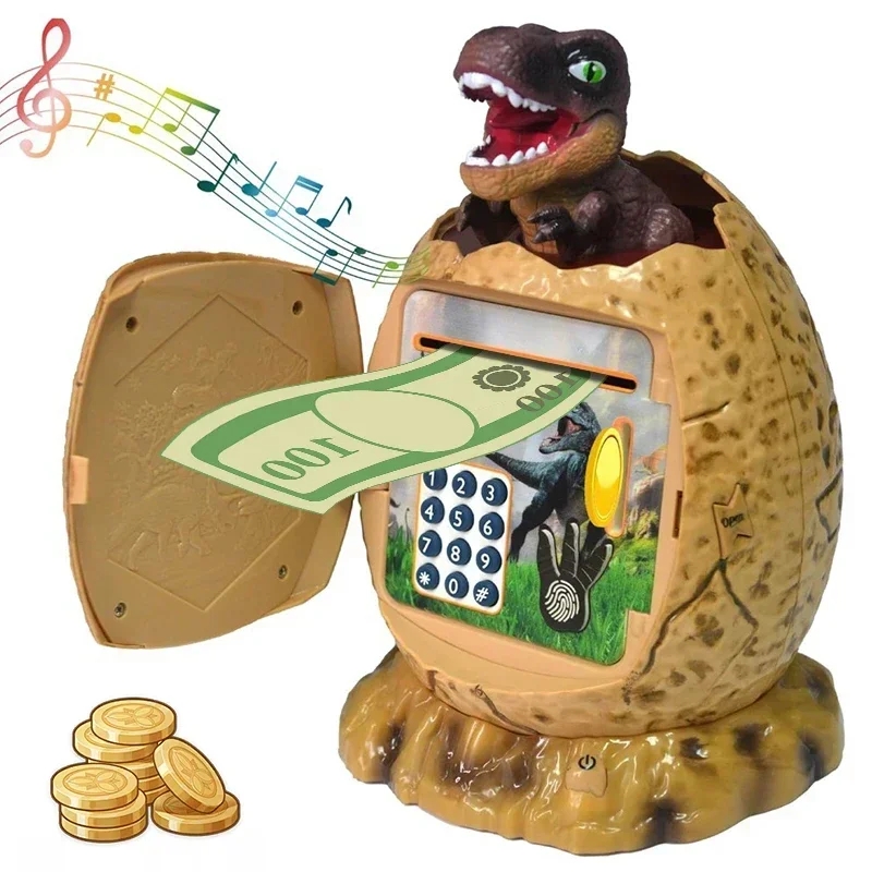 Tirelire d'économie d'œufs de dinosaure, mot de passe d'empreintes digitales avec lumière musicale, coffre-monnaie électronique ATM, maison de jeu, jouets pour enfants