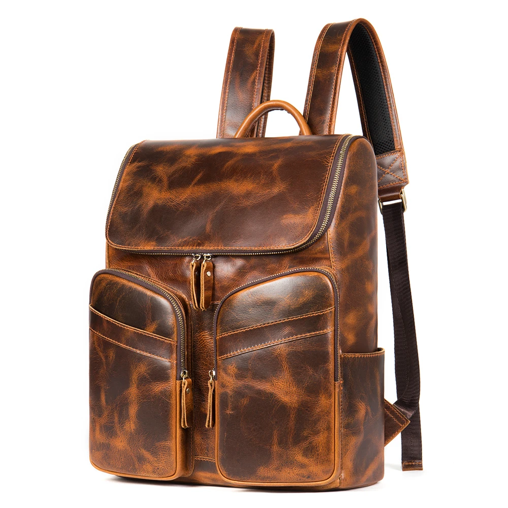 Vintage Mens Dropshipping big capacity crazy horse genuine leather anti theft laptop travel backpack