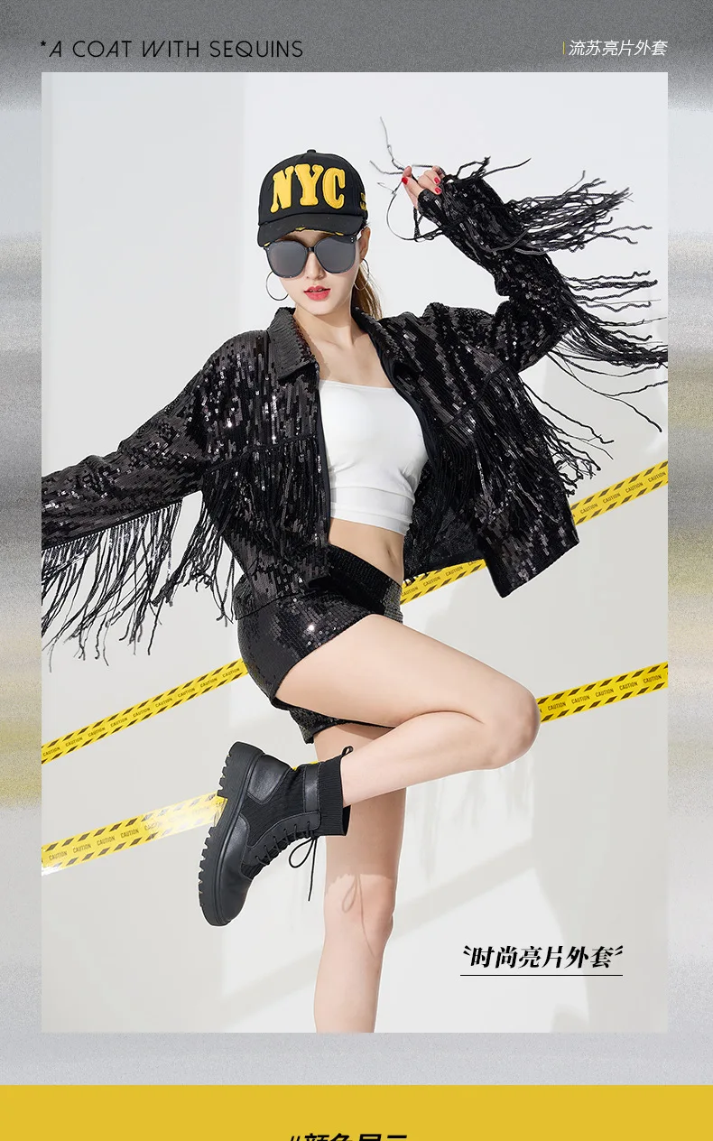 IOOTIANY Damen-Partyjacke mit goldenen und schwarzen Pailletten, glänzende, lässige Pailletten-Blazerjacke mit Fransen, geeignet für Bars, Nachtclubs und Bühnenauftritte. – Detail 1