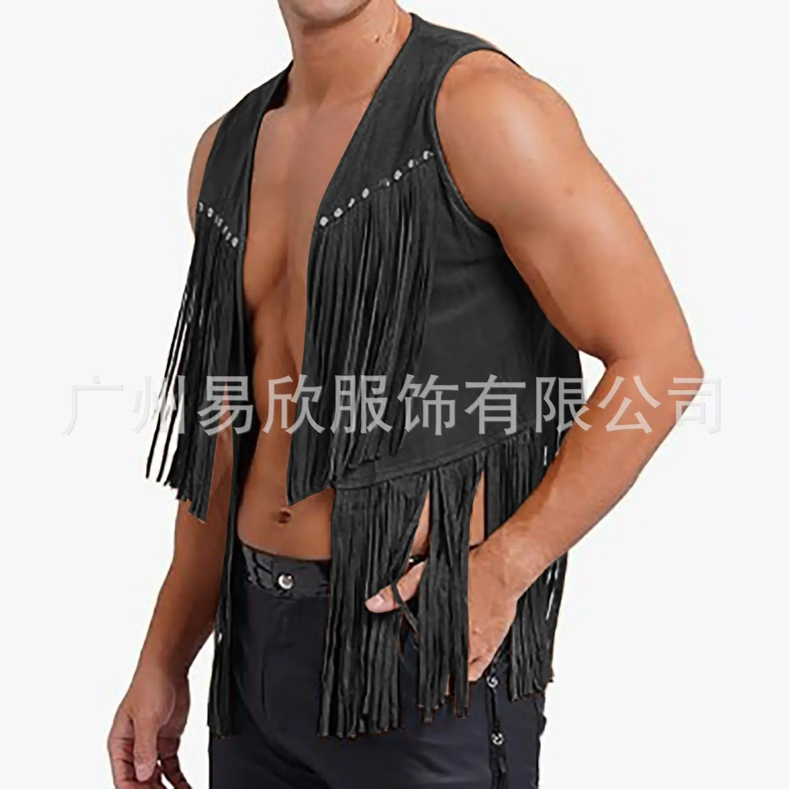 Men Suede Vest Vests Sleeveless V Neck Rivet Fringe Trim Front Open Evening Dress