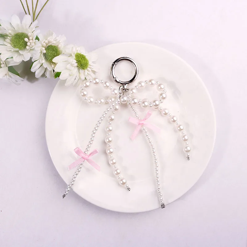 Sweet Hanging Keyrings Cute Bowknot Keychain Pearls Beaded Bag Charm Gift Decoration