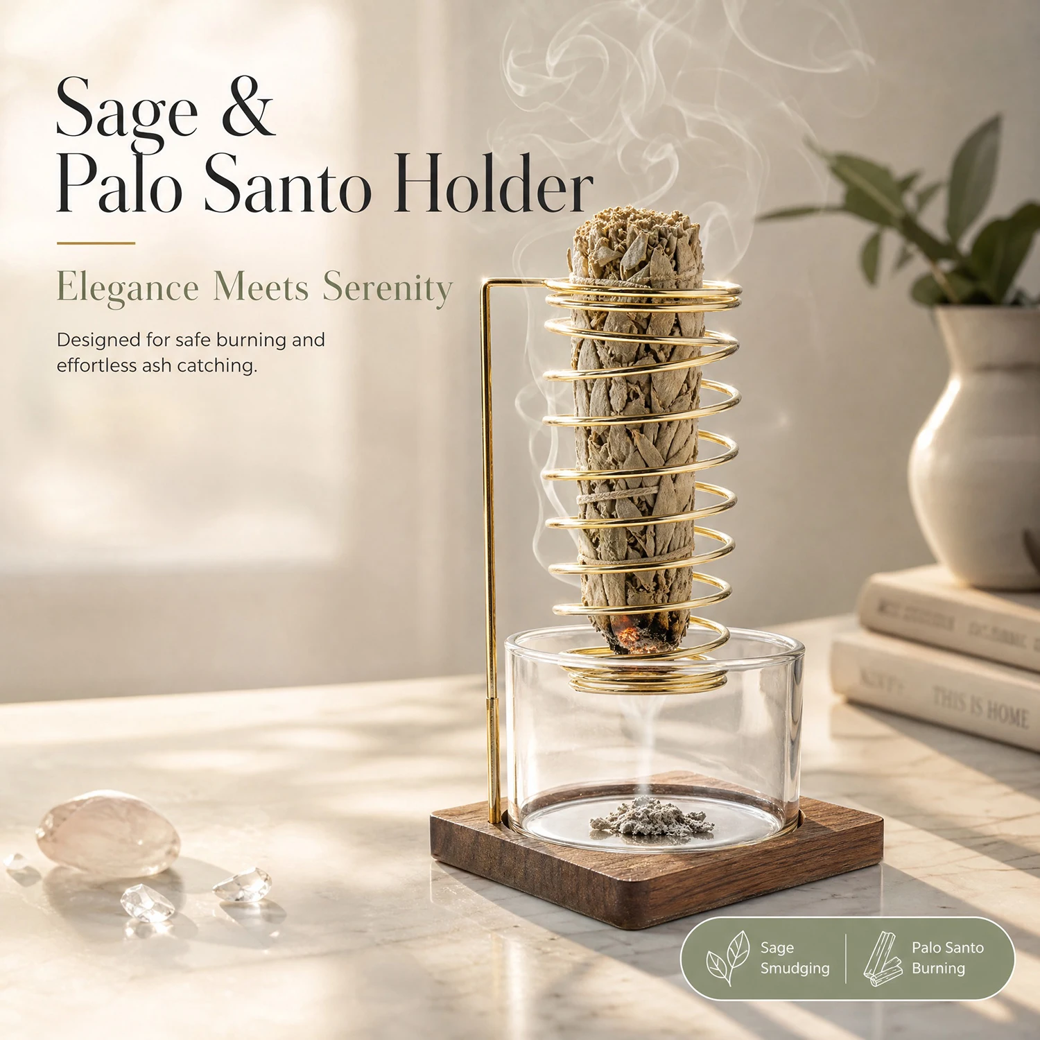 Metal Spring Sage Holder Burner Palo Santo Holder with Glass Ash Catcher Incense Holder Burner for Meditation Yoga Spa