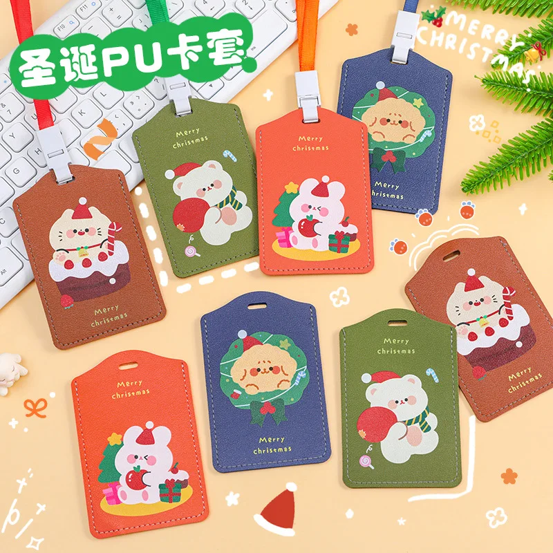 Cartoon Christmas Lanyard Cute Cat Bear Rabbit Card Holder Student Bus Work Card Protector Fashion Card Cover Bus Card Cover