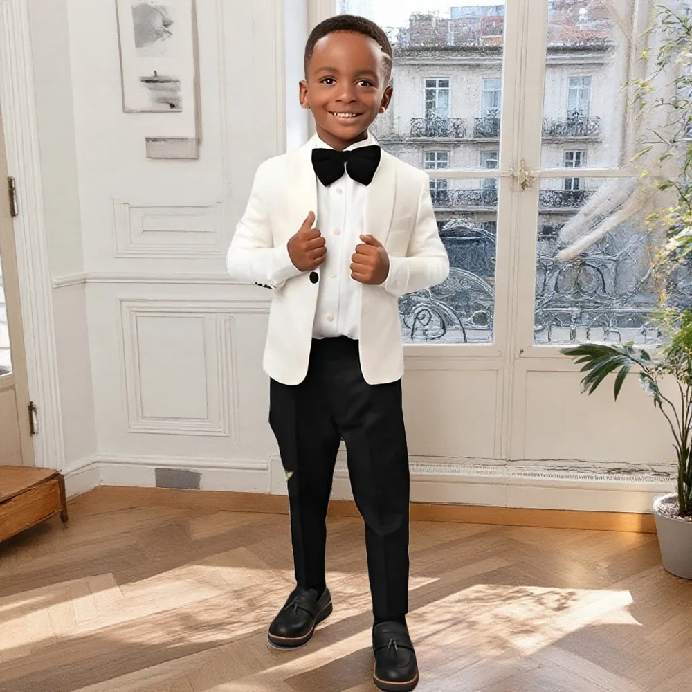 

Fashion Boy Suits Shawl lapel Blazer Boys 2 Piece Party Wedding Dress Piano Formal Set child white Jacket black Pants
