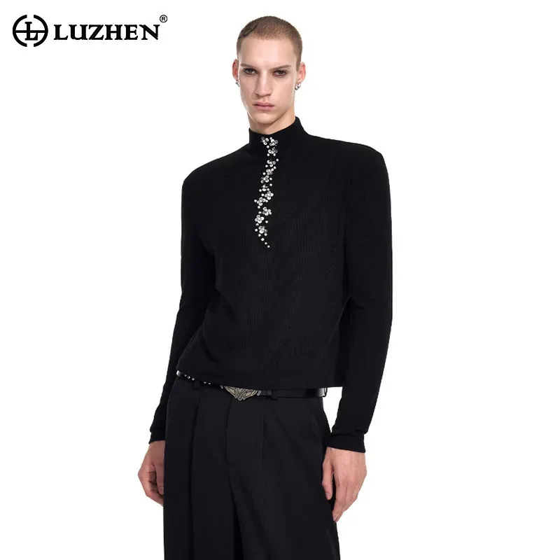 LUZHEN Neck Long Stand Solid Patchwork Color Decorate Sequin Sleeve Knitted Pullover Men Elegant Temperament Male Sweater JY8580