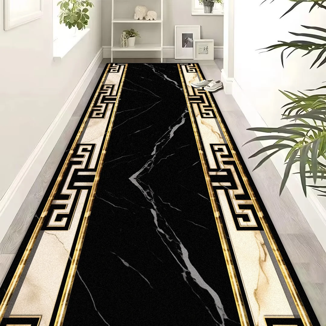 European Luxury  Black Gold  Corridor Carpets Hotel Lobby Stair Non-slip Aisle Rugs Office Room Entrance Passageway Floor Mats