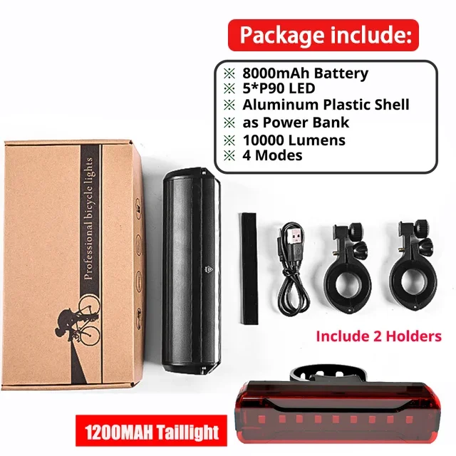 10000LM Fietslicht Voor Fiets Licht Waterdicht 8000mAh 5 * P90 Zaklamp USB Opladen MTB Road Fietsen Lamp accessoires