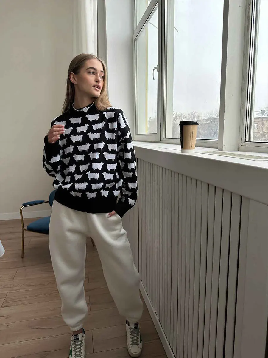 Bornladies O-Ausschnitt Alpaka-Print Pullover für Damen, Locker Geschnittener Lässiger Mittellanger Retro-Pullover, Neuer Warmer Pullover für Herbst und Winter – Detail 19