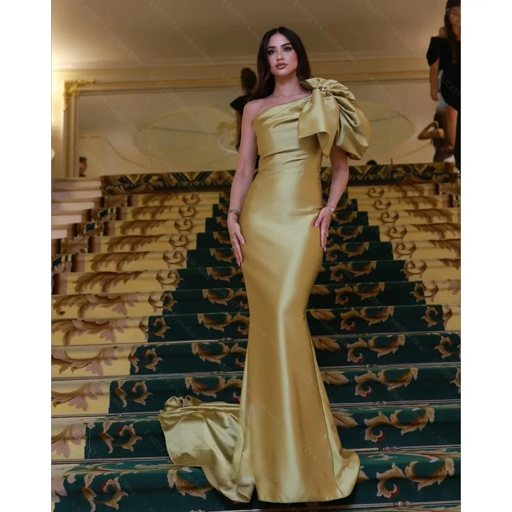 

Gold Evening Dresses for Women Bow One-Shoulder Mermaid Party Gowns Elegant Pleated Sweep Train Woman Formal Prom Dresses
